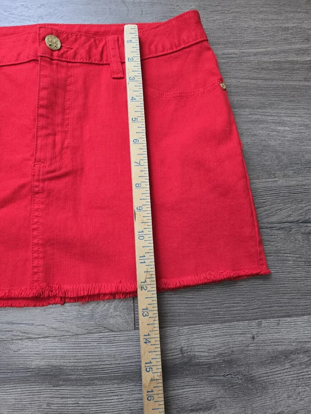 Tory Burch red denim mini skirt Gold Tone Hardware Size 27